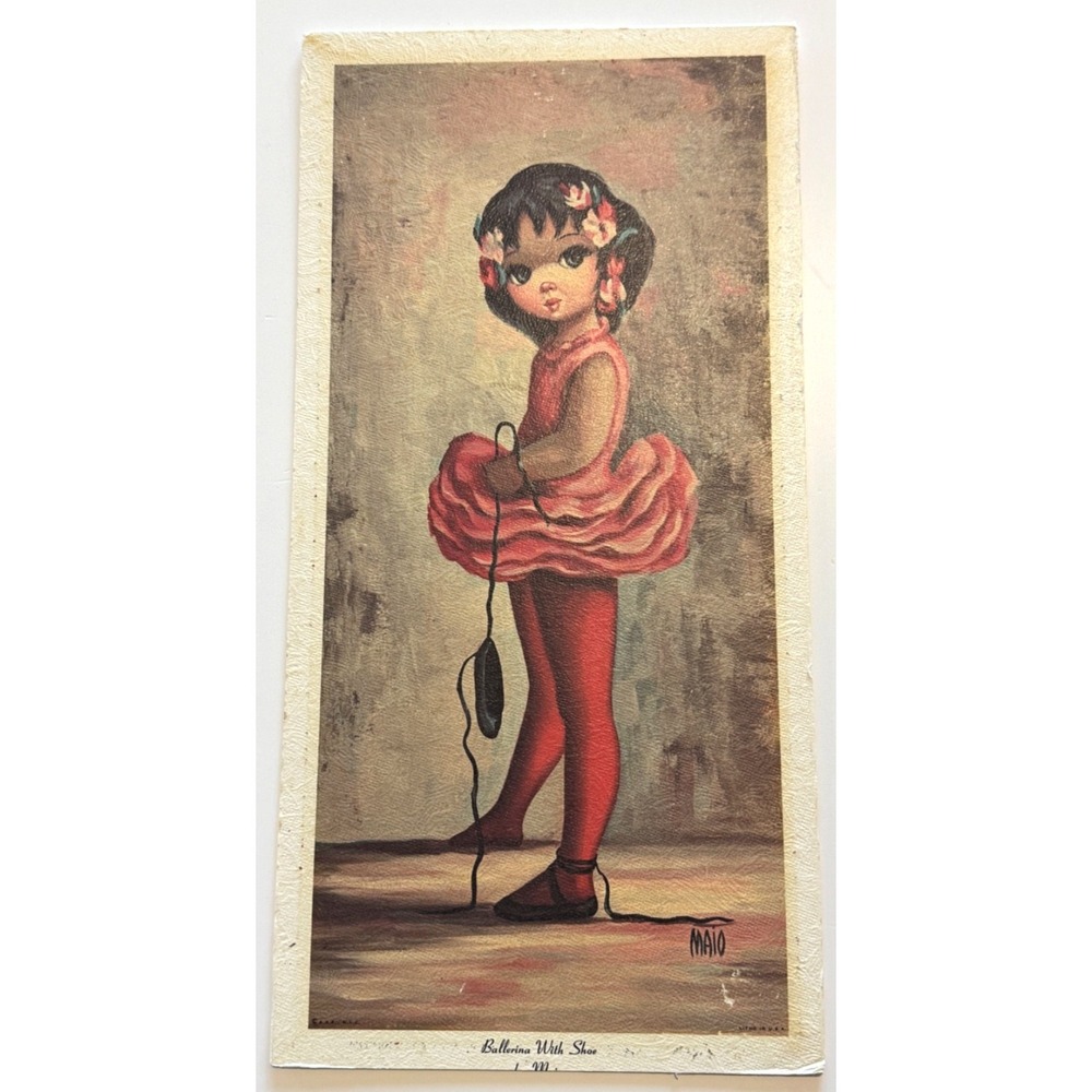 Vintage MAIO "Ballerina With Shoe" Big Eyes Textured Cardstock 8x16" Unframed